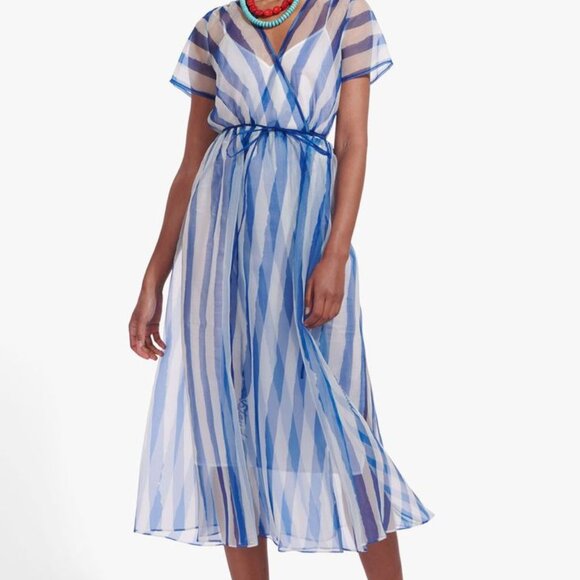 STAUD Flippa Blue & White Stripe Organza Wrap Midi Dress NWT - Picture 1 of 15